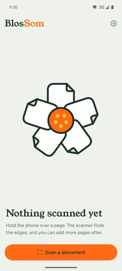 The BlosSom start screen, with a Scan a document button