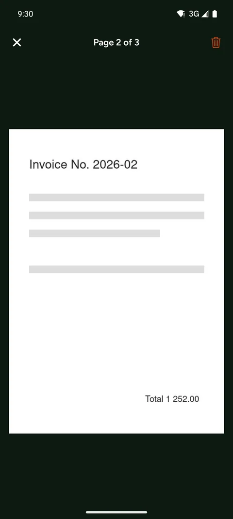 A scanned invoice open full screen, page 2 of 3